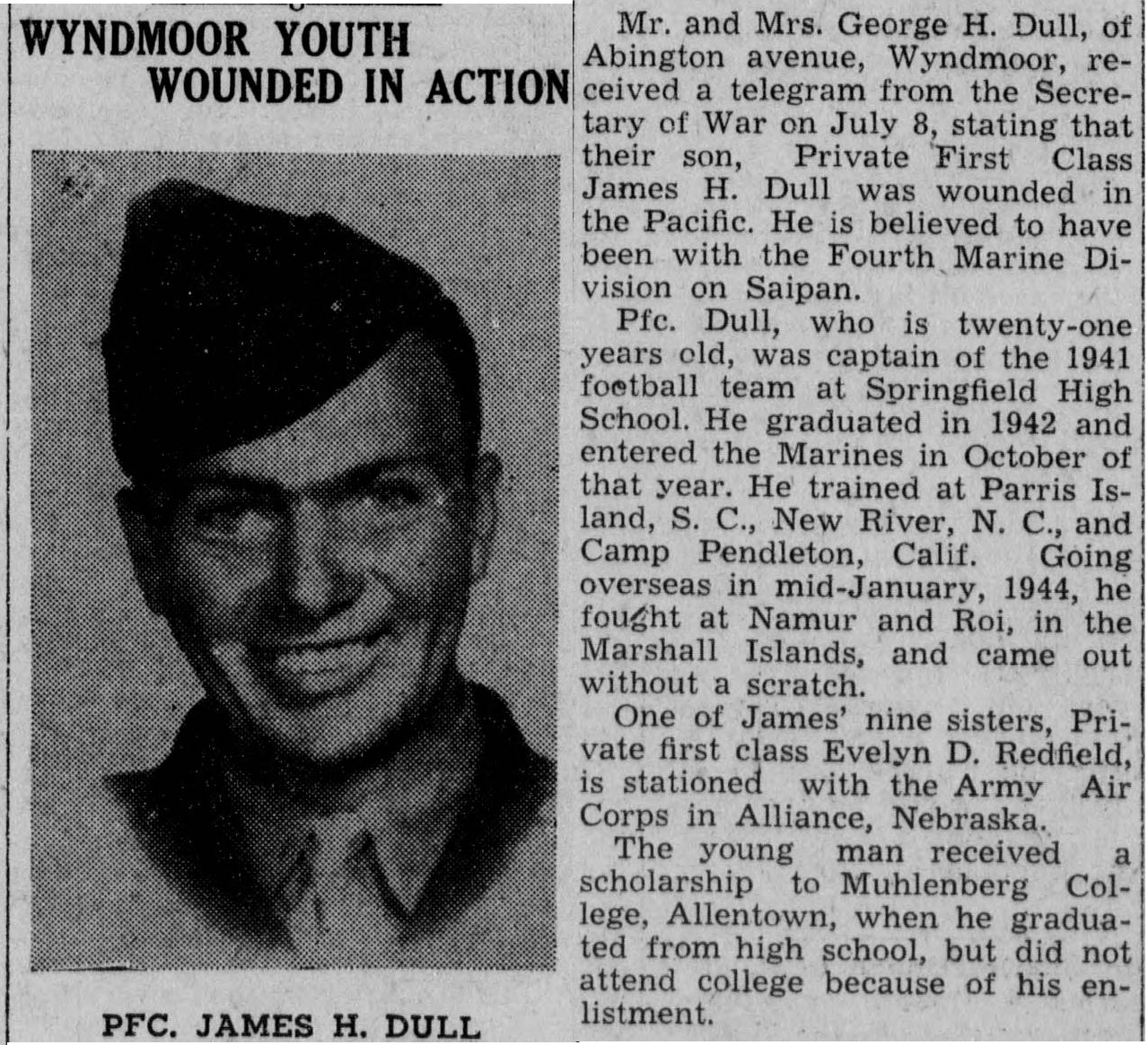 Fortunately, Bud's wounds were not serious, and he quickly returned to duty. Article from the Ambler Gazette (Ambler, PA) 27 July 1944.