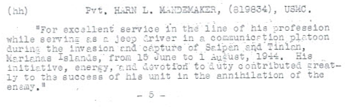 Mandemaker was commended for his service in the Marianas.